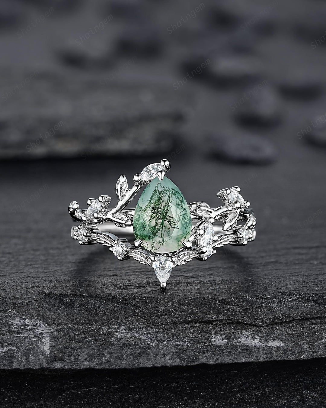 Platinum Pear Cut Moss Agate Leaf Engagement Ring Set, 14K White Gold Twig Branch Promise Wedding Ring, Silver 925 Vine Bridal Set For Women - ShainJewelry