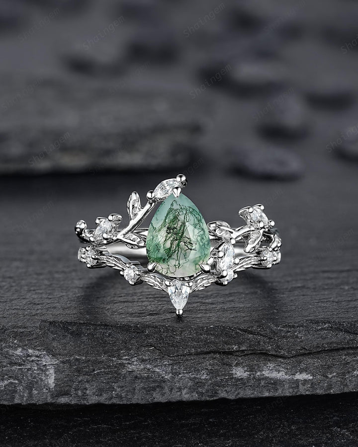 Platinum Pear Cut Moss Agate Leaf Engagement Ring Set, 14K White Gold Twig Branch Promise Wedding Ring, Silver 925 Vine Bridal Set For Women - ShainJewelry