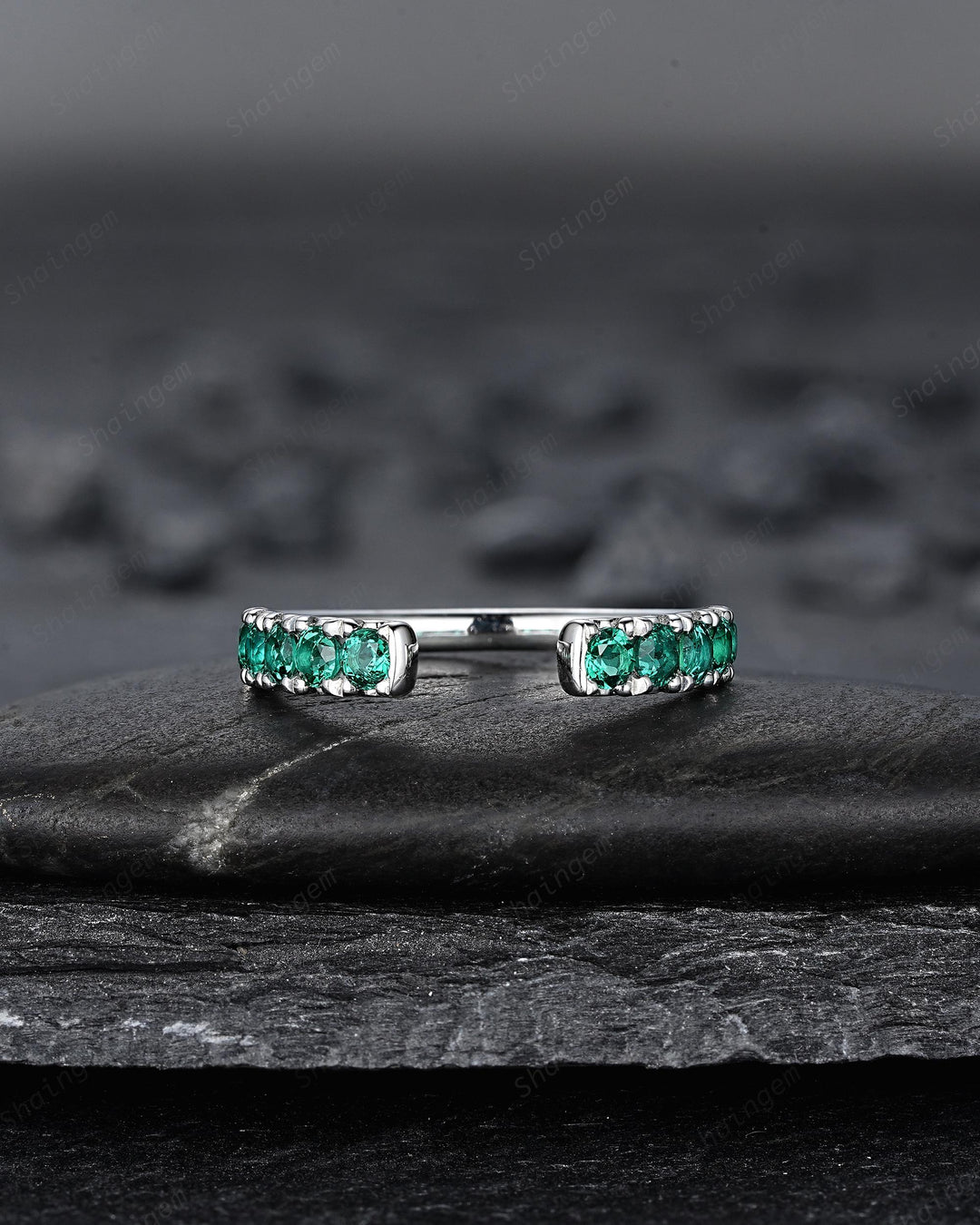 Platinum Open Gap 2.5mm Emerald Engagement Band, White Gold Wedding Band, Silver 925 Matching Band Straight Band Promise Engagement ring - ShainJewelry