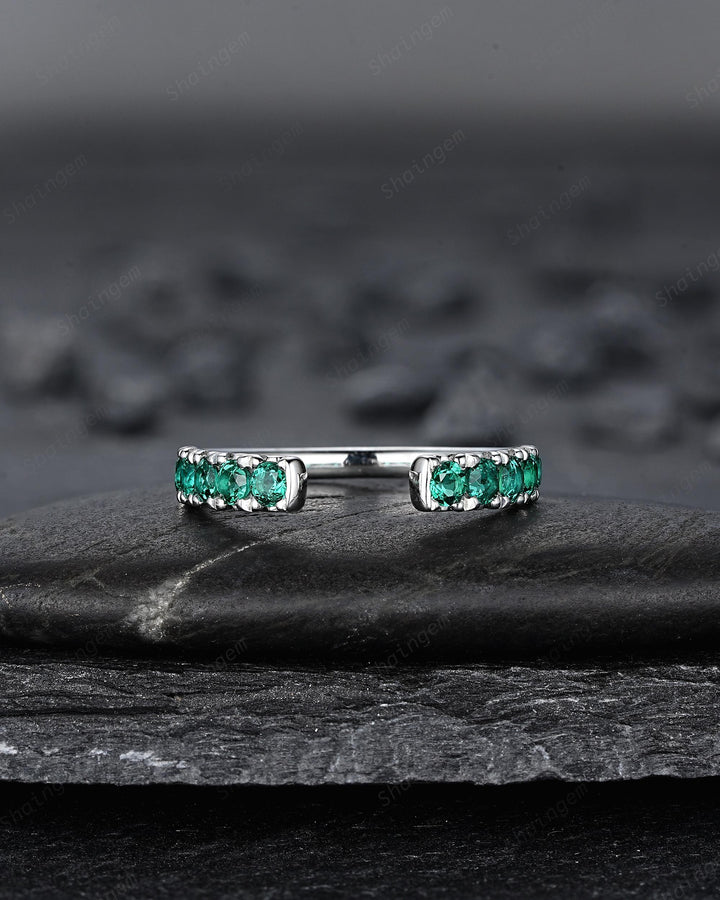 Platinum Open Gap 2.5mm Emerald Engagement Band, White Gold Wedding Band, Silver 925 Matching Band Straight Band Promise Engagement ring - ShainJewelry