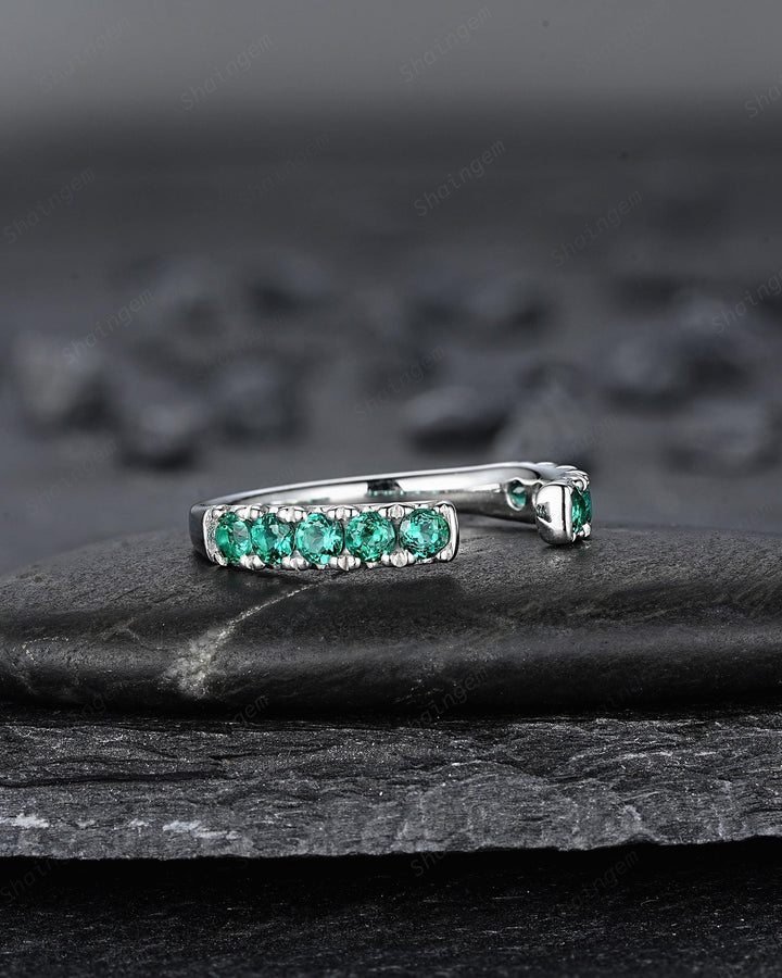 Platinum Open Gap 2.5mm Emerald Engagement Band, White Gold Wedding Band, Silver 925 Matching Band Straight Band Promise Engagement ring - ShainJewelry
