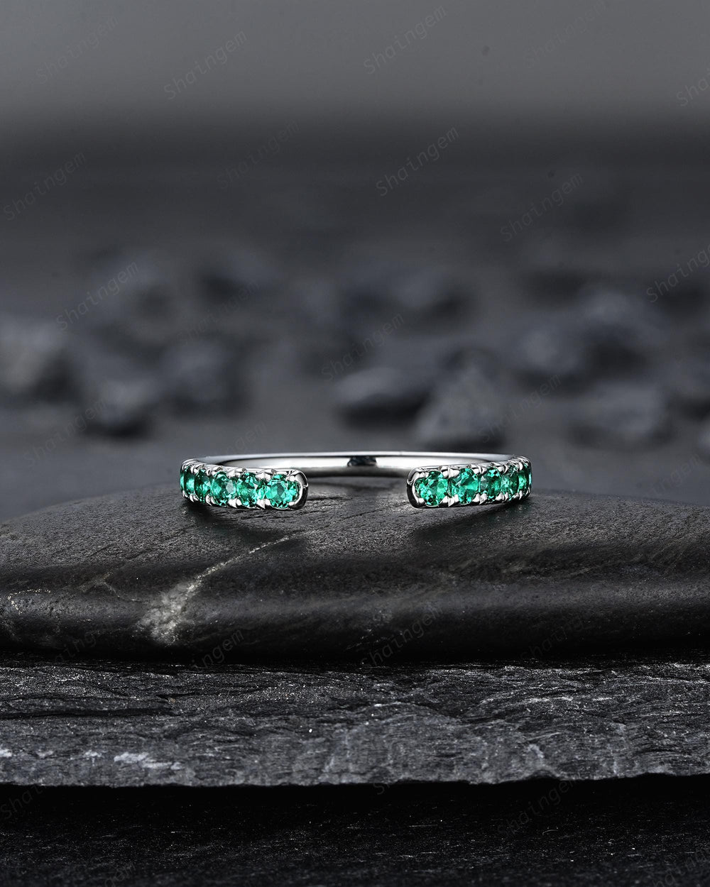 Platinum Open Gap 2.0mm Emerald Engagement Band, White Gold Wedding Band, Silver 925 Matching Band Straight Band Promise Engagement ring - ShainJewelry