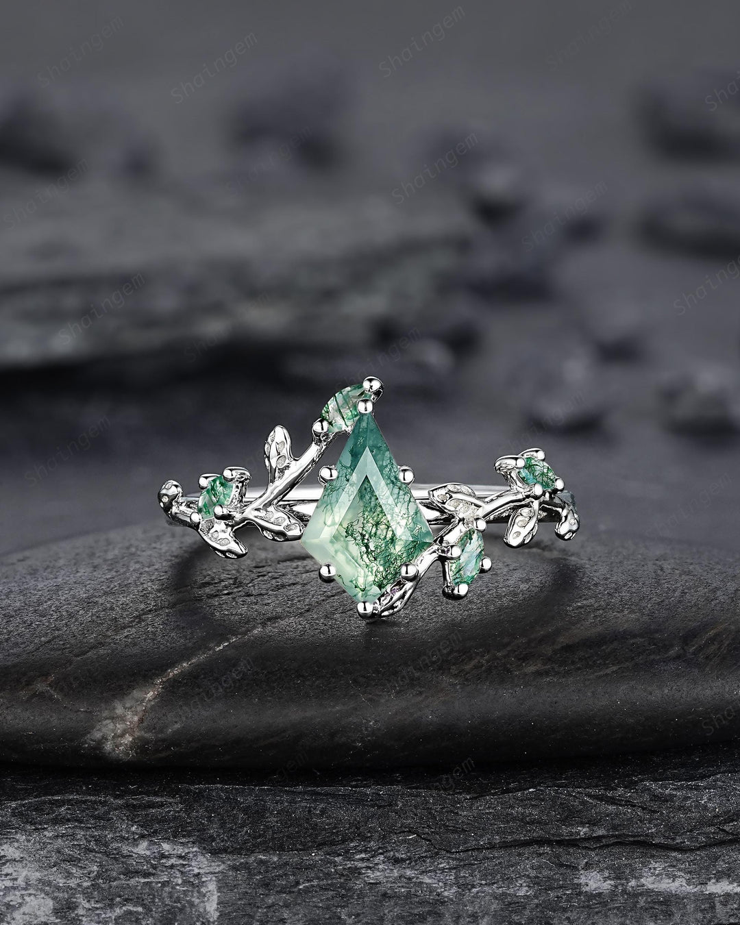 Platinum Kite Cut Moss Agate Leaf Engagement Ring Set, 14K White Gold Twig Branch Promise Wedding Ring, Silver 925 Vine Bridal Set For Women - ShainJewelry