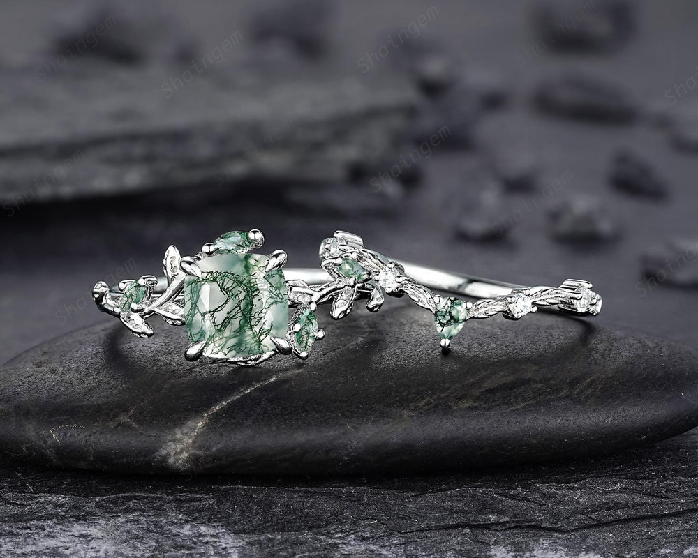 Platinum Cushion Cut Moss Agate Leaf Engagement Ring Set, 14K White Gold Twig Branch Promise Wedding Ring, Silver Vine Bridal Set For Women - ShainJewelry