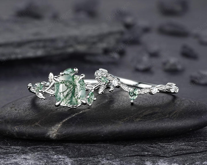 Platinum Cushion Cut Moss Agate Leaf Engagement Ring Set, 14K White Gold Twig Branch Promise Wedding Ring, Silver Vine Bridal Set For Women - ShainJewelry