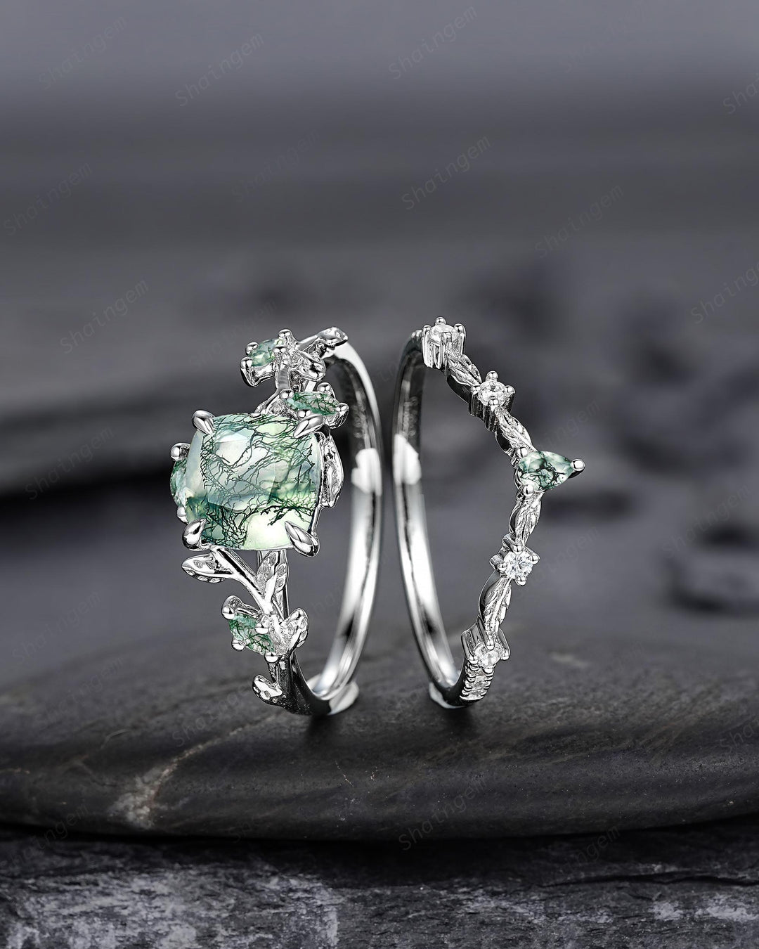 Platinum Cushion Cut Moss Agate Leaf Engagement Ring Set, 14K White Gold Twig Branch Promise Wedding Ring, Silver Vine Bridal Set For Women - ShainJewelry