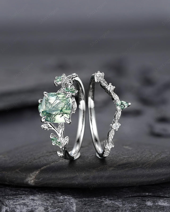 Platinum Cushion Cut Moss Agate Leaf Engagement Ring Set, 14K White Gold Twig Branch Promise Wedding Ring, Silver Vine Bridal Set For Women - ShainJewelry