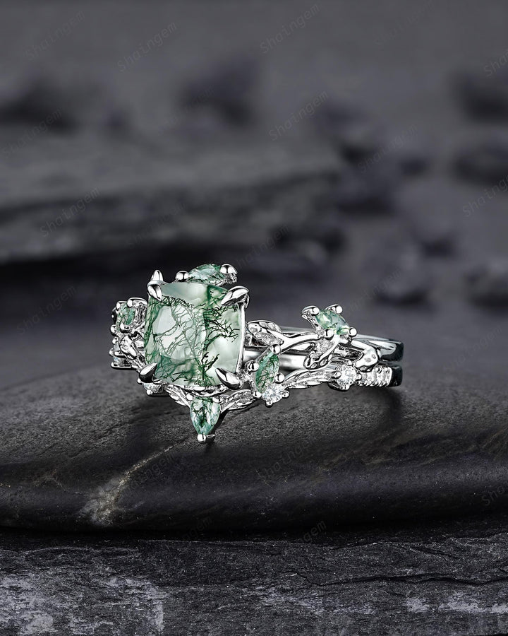 Platinum Cushion Cut Moss Agate Leaf Engagement Ring Set, 14K White Gold Twig Branch Promise Wedding Ring, Silver Vine Bridal Set For Women - ShainJewelry