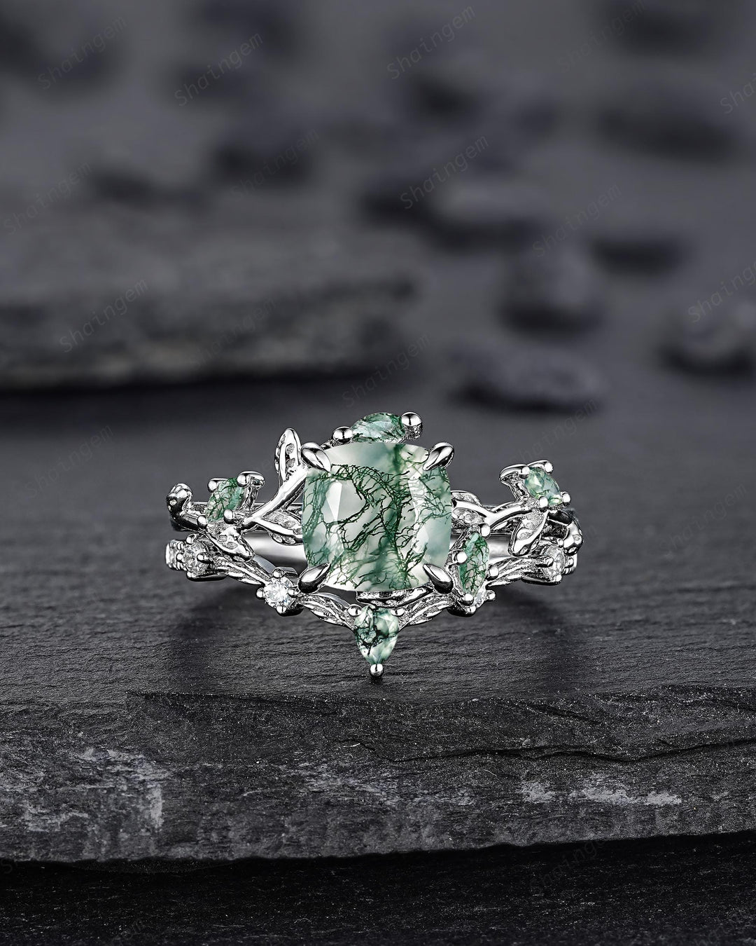 Platinum Cushion Cut Moss Agate Leaf Engagement Ring Set, 14K White Gold Twig Branch Promise Wedding Ring, Silver Vine Bridal Set For Women - ShainJewelry