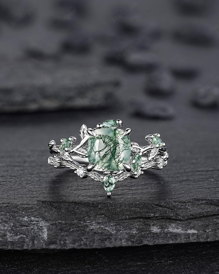 Platinum Cushion Cut Moss Agate Leaf Engagement Ring Set, 14K White Gold Twig Branch Promise Wedding Ring, Silver Vine Bridal Set For Women - ShainJewelry