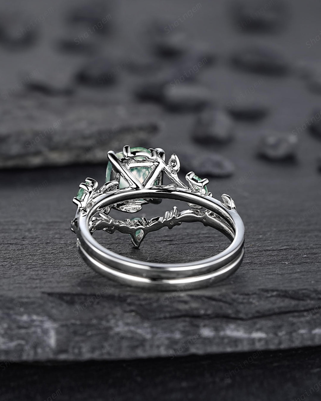 Platinum Cushion Cut Moss Agate Leaf Engagement Ring Set, 14K White Gold Twig Branch Promise Wedding Ring, Silver Vine Bridal Set For Women - ShainJewelry