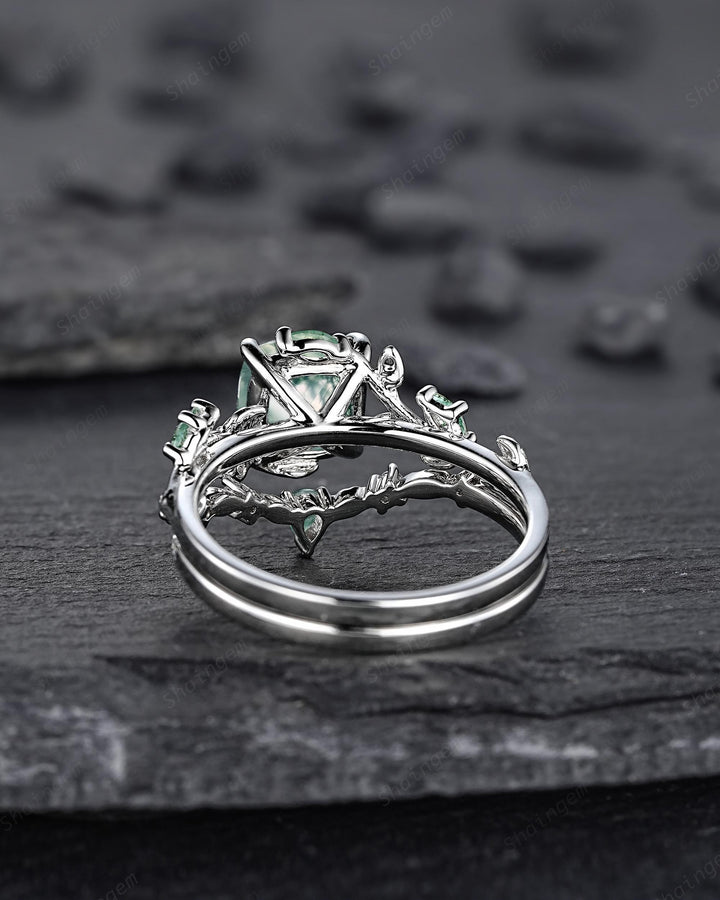 Platinum Cushion Cut Moss Agate Leaf Engagement Ring Set, 14K White Gold Twig Branch Promise Wedding Ring, Silver Vine Bridal Set For Women - ShainJewelry