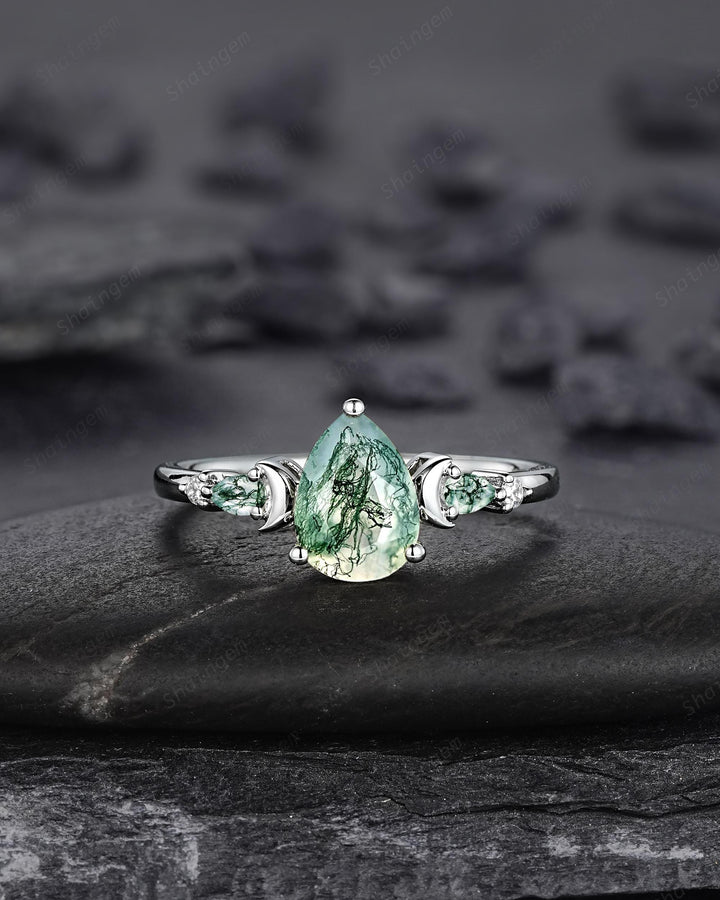 Platinum Pear Shape Moss Agate Crescent Engagement Ring Set, White Gold Sterling Silver Moon Wedding Promise Ring Anniversary Gift for Women - ShainJewelry