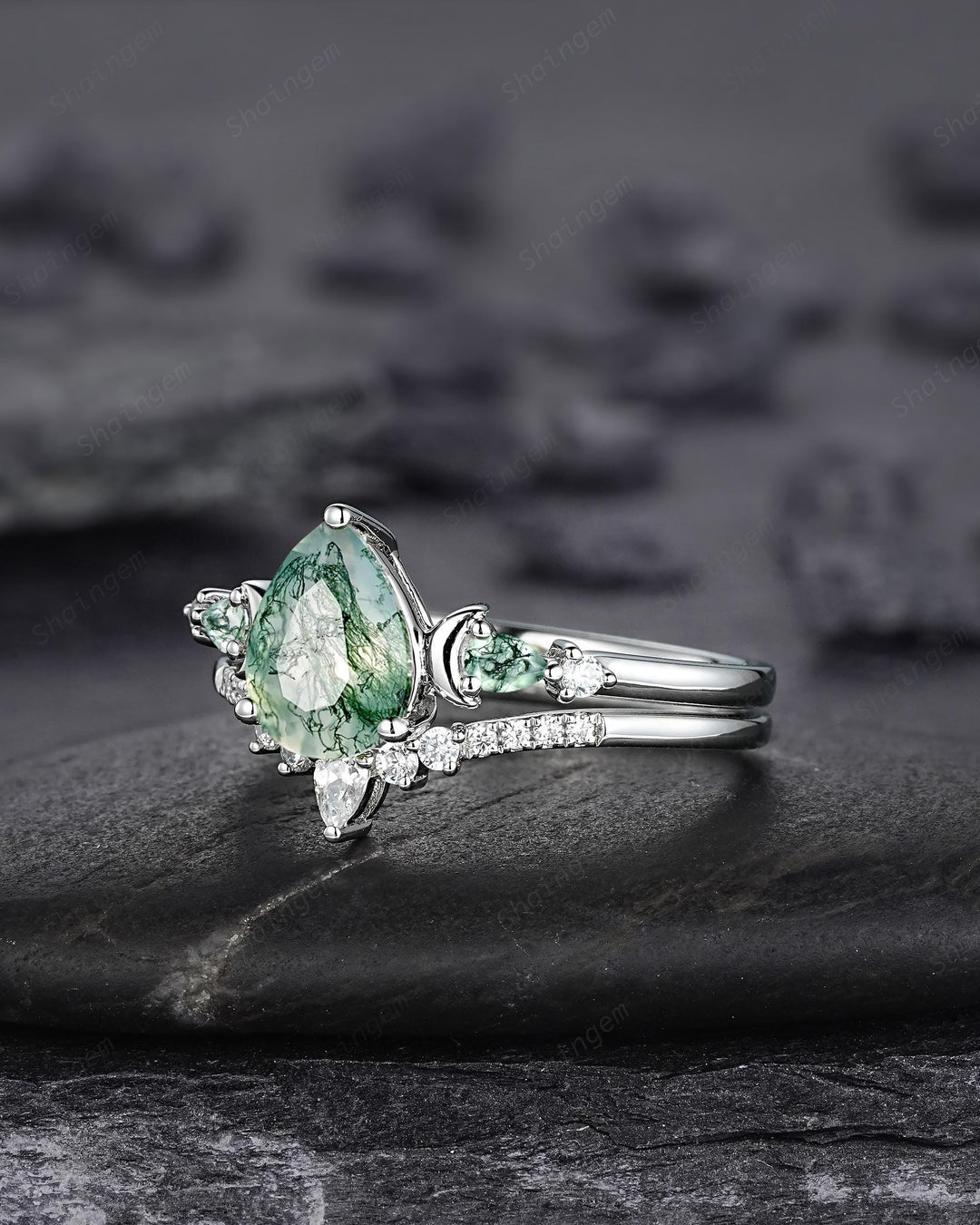 Platinum Pear Shape Moss Agate Crescent Engagement Ring Set, White Gold Sterling Silver Moon Wedding Promise Ring Anniversary Gift for Women - ShainJewelry