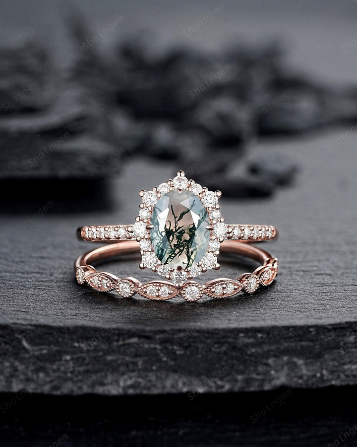 Vintage Moss Agate Halo Engagement Ring Set, Unique Oval Cut Mossy Agate Rose Gold Wedding Set, Moss Agate Bridal Set Anniversary Ring Gift - ShainJewelry