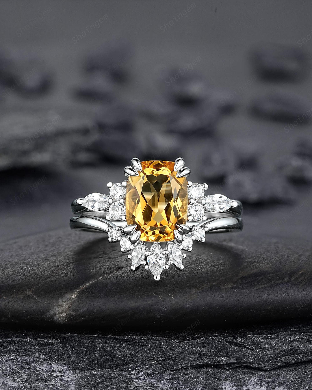 Unique Cushion Cut Citrine Cluster Engagement Ring Set, Vintage Yellow Citrine Wedding Ring White Gold Promise Ring Art Deco Silver 925 Ring - ShainJewelry
