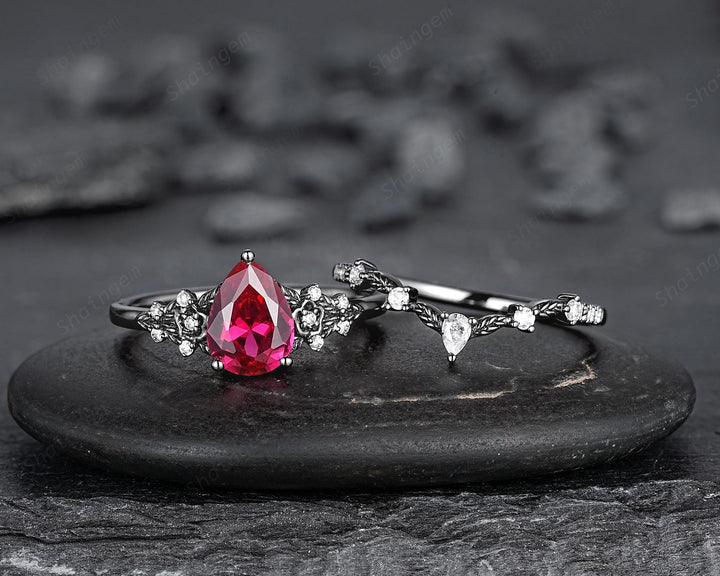 Gothic Pear Shape Ruby Floral Engagement Ring Set, Unique Black Gold July Birthstone Promise Ring, Black Rhodium Leaf Ring Gift for Women - ShainJewelry