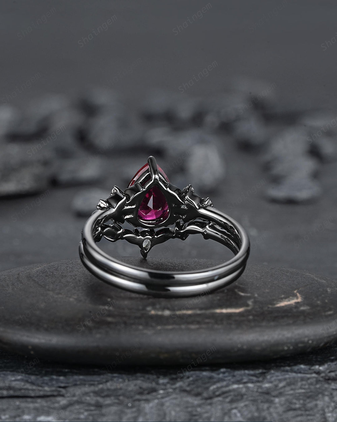 Gothic Pear Shape Ruby Floral Engagement Ring Set, Unique Black Gold July Birthstone Promise Ring, Black Rhodium Leaf Ring Gift for Women - ShainJewelry