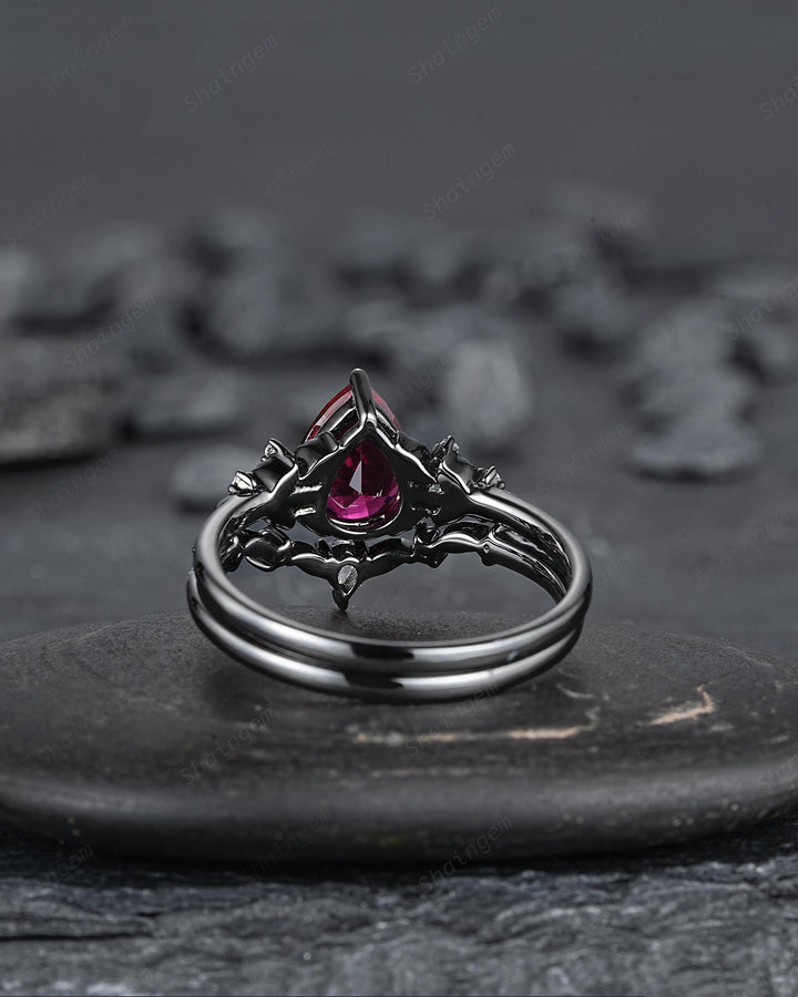 Gothic Pear Shape Ruby Floral Engagement Ring Set, Unique Black Gold July Birthstone Promise Ring, Black Rhodium Leaf Ring Gift for Women - ShainJewelry