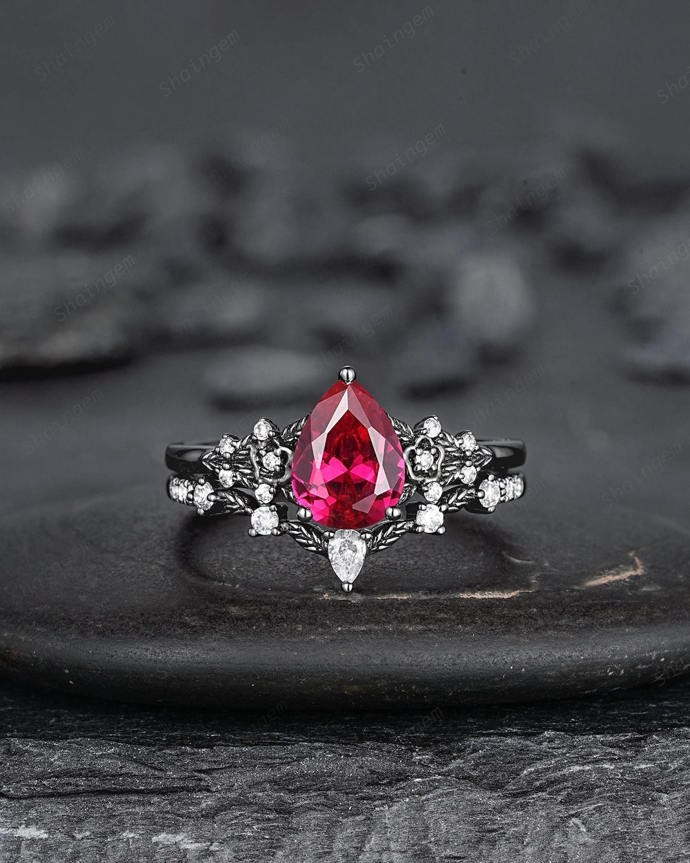 Gothic Pear Shape Ruby Floral Engagement Ring Set, Unique Black Gold July Birthstone Promise Ring, Black Rhodium Leaf Ring Gift for Women - ShainJewelry