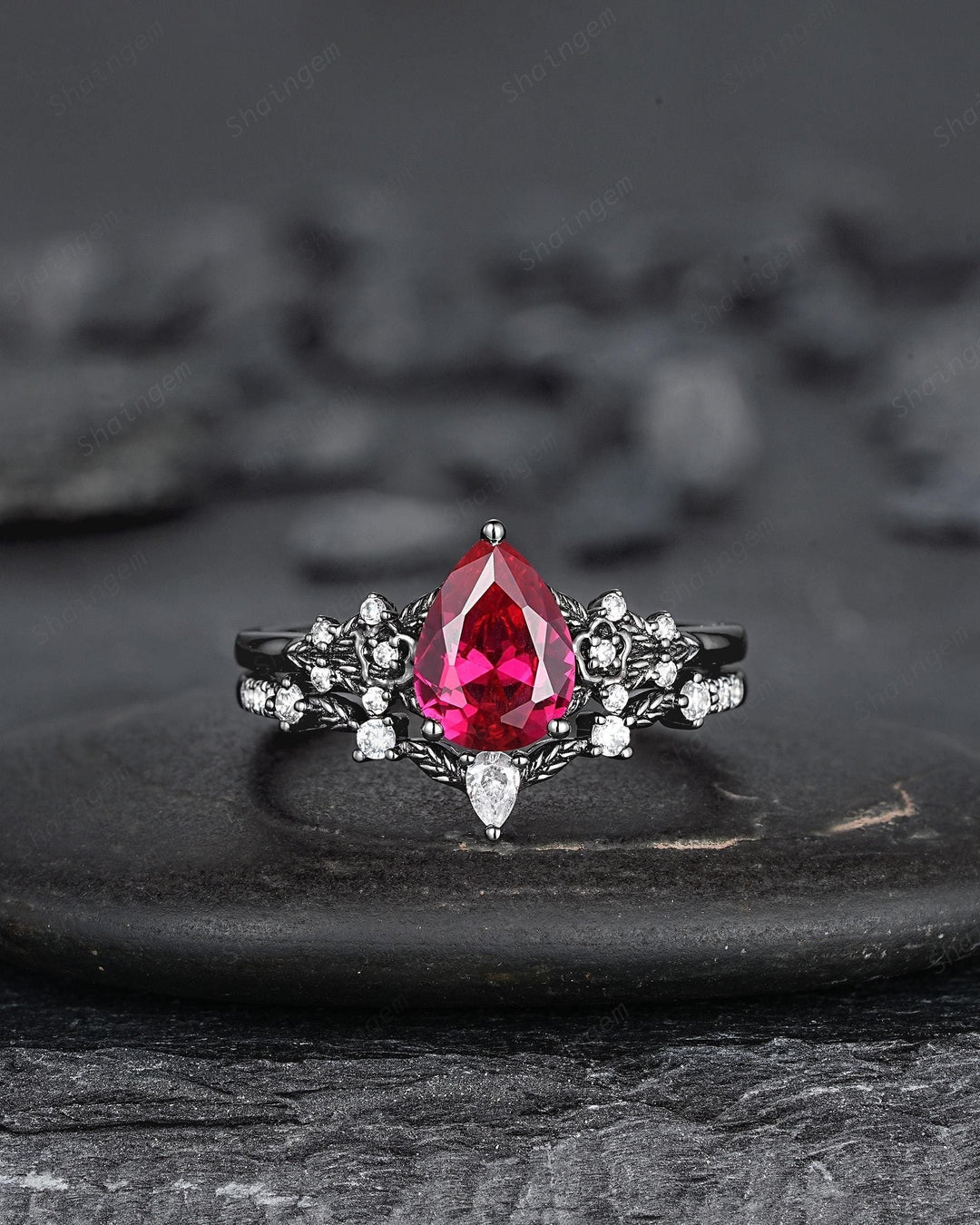 Gothic Pear Shape Ruby Floral Engagement Ring Set, Unique Black Gold July Birthstone Promise Ring, Black Rhodium Leaf Ring Gift for Women - ShainJewelry