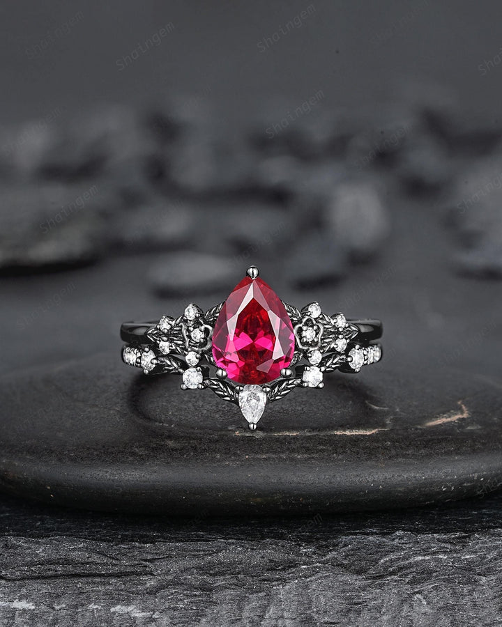 Gothic Pear Shape Ruby Floral Engagement Ring Set, Unique Black Gold July Birthstone Promise Ring, Black Rhodium Leaf Ring Gift for Women - ShainJewelry