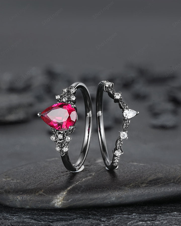 Gothic Pear Shape Ruby Floral Engagement Ring Set, Unique Black Gold July Birthstone Promise Ring, Black Rhodium Leaf Ring Gift for Women - ShainJewelry