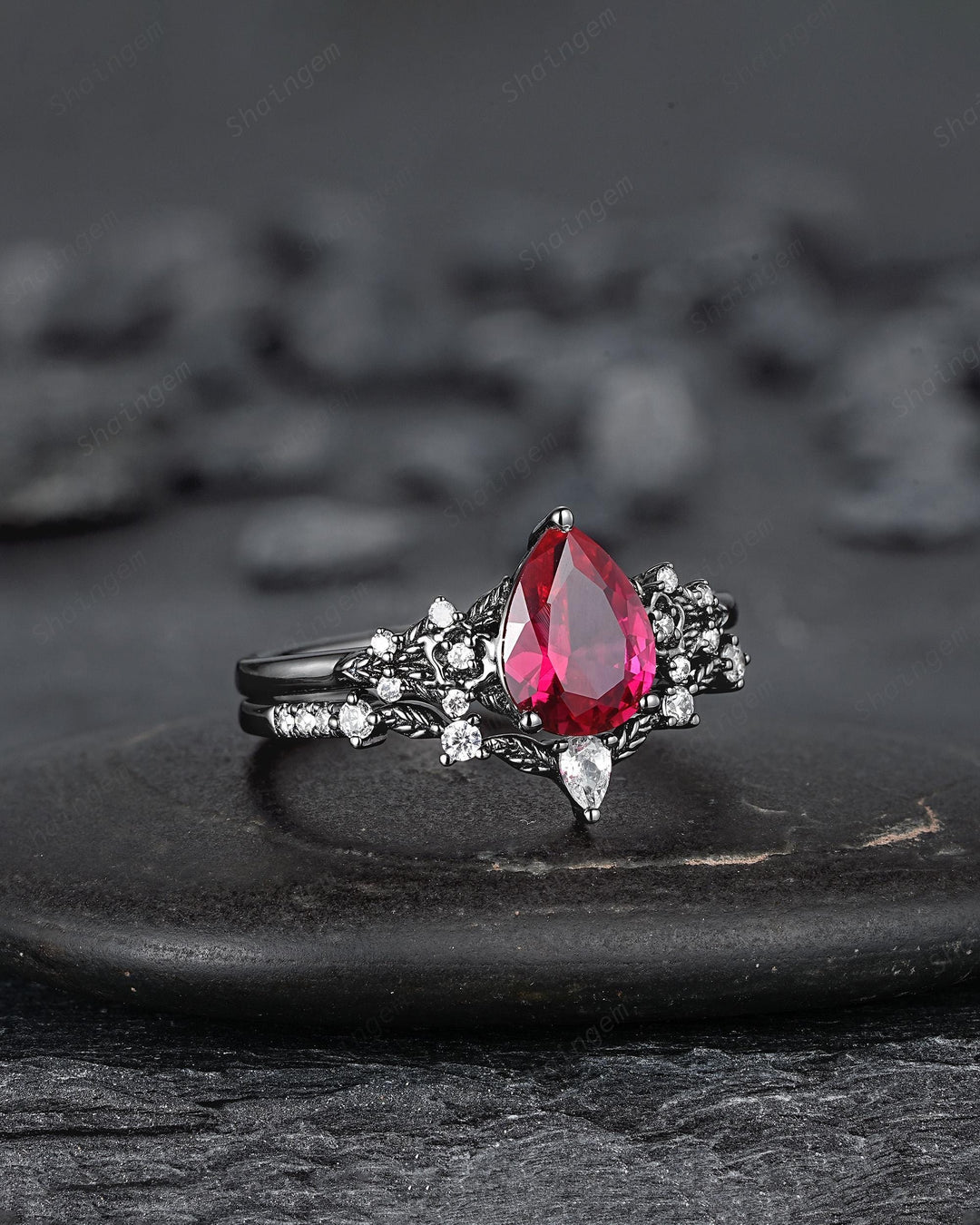 Gothic Pear Shape Ruby Floral Engagement Ring Set, Unique Black Gold July Birthstone Promise Ring, Black Rhodium Leaf Ring Gift for Women - ShainJewelry