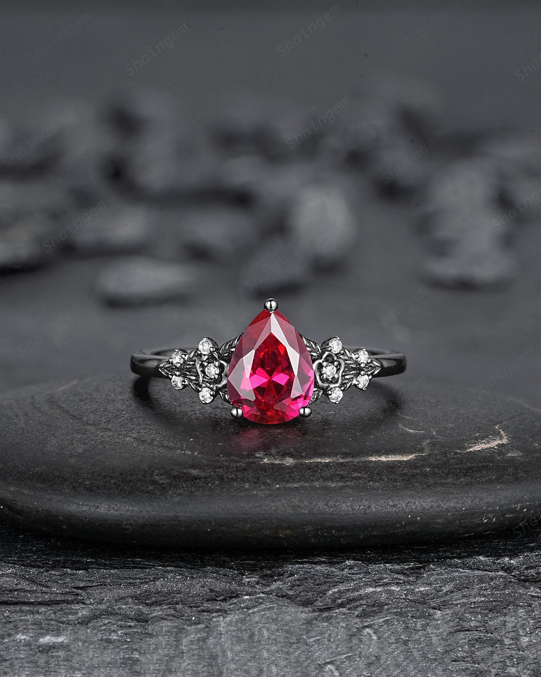 Gothic Pear Shape Ruby Floral Engagement Ring Set, Unique Black Gold July Birthstone Promise Ring, Black Rhodium Leaf Ring Gift for Women - ShainJewelry