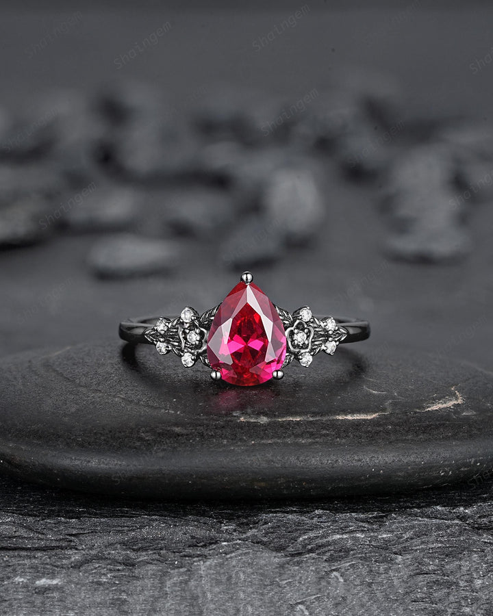 Gothic Pear Shape Ruby Floral Engagement Ring Set, Unique Black Gold July Birthstone Promise Ring, Black Rhodium Leaf Ring Gift for Women - ShainJewelry