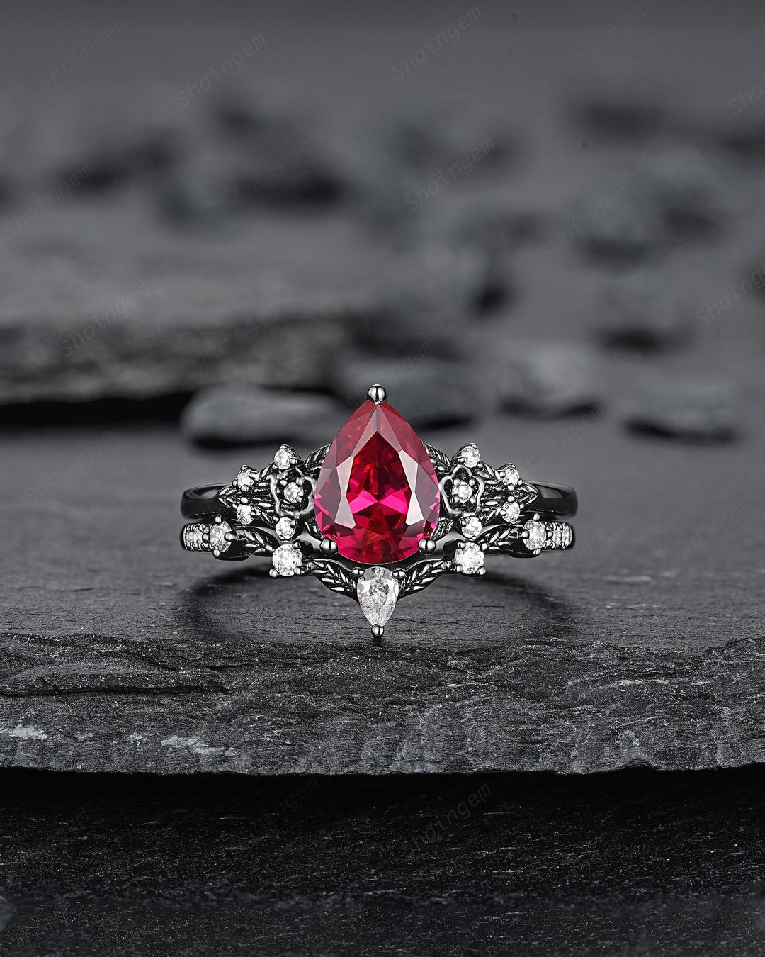 Gothic Pear Shape Ruby Floral Engagement Ring Set, Unique Black Gold July Birthstone Promise Ring, Black Rhodium Leaf Ring Gift for Women - ShainJewelry
