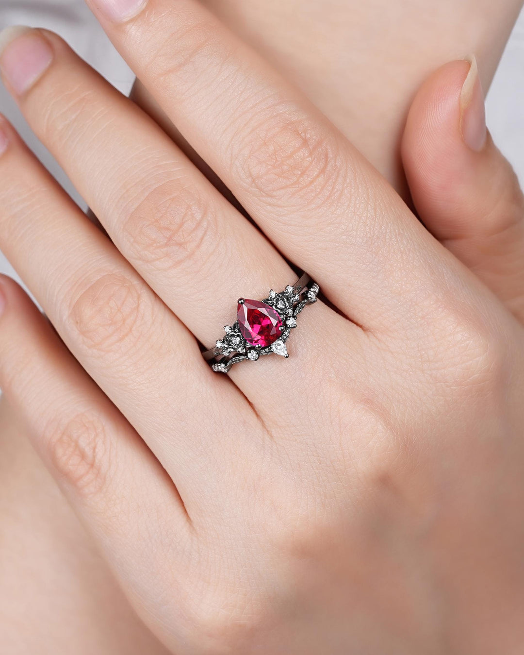 Gothic Pear Shape Ruby Floral Engagement Ring Set, Unique Black Gold July Birthstone Promise Ring, Black Rhodium Leaf Ring Gift for Women - ShainJewelry