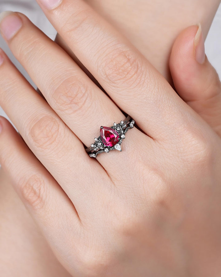 Gothic Pear Shape Ruby Floral Engagement Ring Set, Unique Black Gold July Birthstone Promise Ring, Black Rhodium Leaf Ring Gift for Women - ShainJewelry