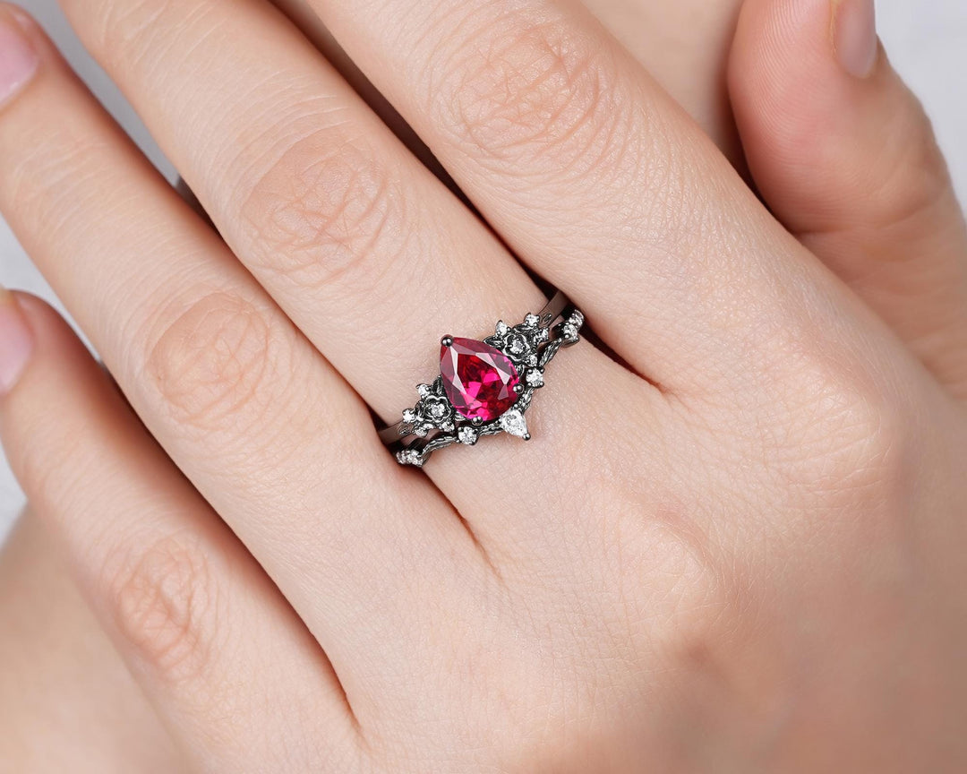 Gothic Pear Shape Ruby Floral Engagement Ring Set, Unique Black Gold July Birthstone Promise Ring, Black Rhodium Leaf Ring Gift for Women - ShainJewelry