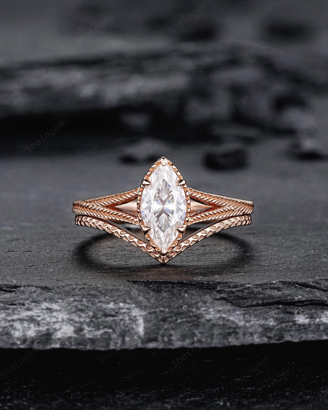 Vintage Marquise Cut Moissanite Milgrain Engagement Ring Set, Unique Split Shank Solitaire Wedding Ring, Art Deco Promise Ring for Women - ShainJewelry