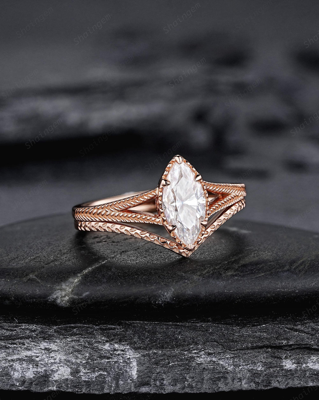 Vintage Marquise Cut Moissanite Milgrain Engagement Ring Set, Unique Split Shank Solitaire Wedding Ring, Art Deco Promise Ring for Women - ShainJewelry