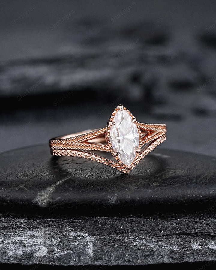 Vintage Marquise Cut Moissanite Milgrain Engagement Ring Set, Unique Split Shank Solitaire Wedding Ring, Art Deco Promise Ring for Women - ShainJewelry