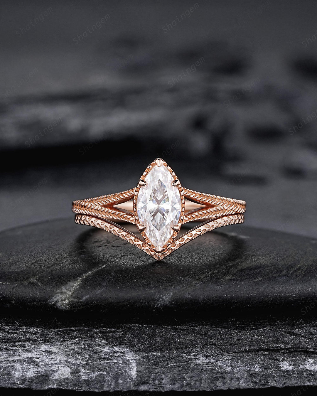 Vintage Marquise Cut Moissanite Milgrain Engagement Ring Set, Unique Split Shank Solitaire Wedding Ring, Art Deco Promise Ring for Women - ShainJewelry