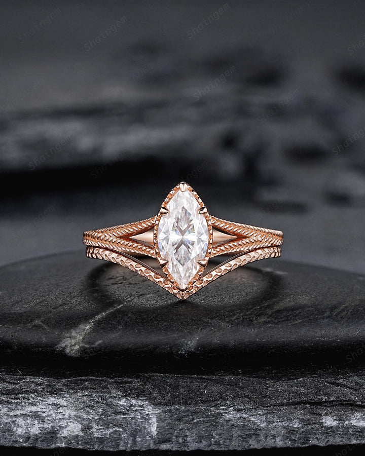 Vintage Marquise Cut Moissanite Milgrain Engagement Ring Set, Unique Split Shank Solitaire Wedding Ring, Art Deco Promise Ring for Women - ShainJewelry