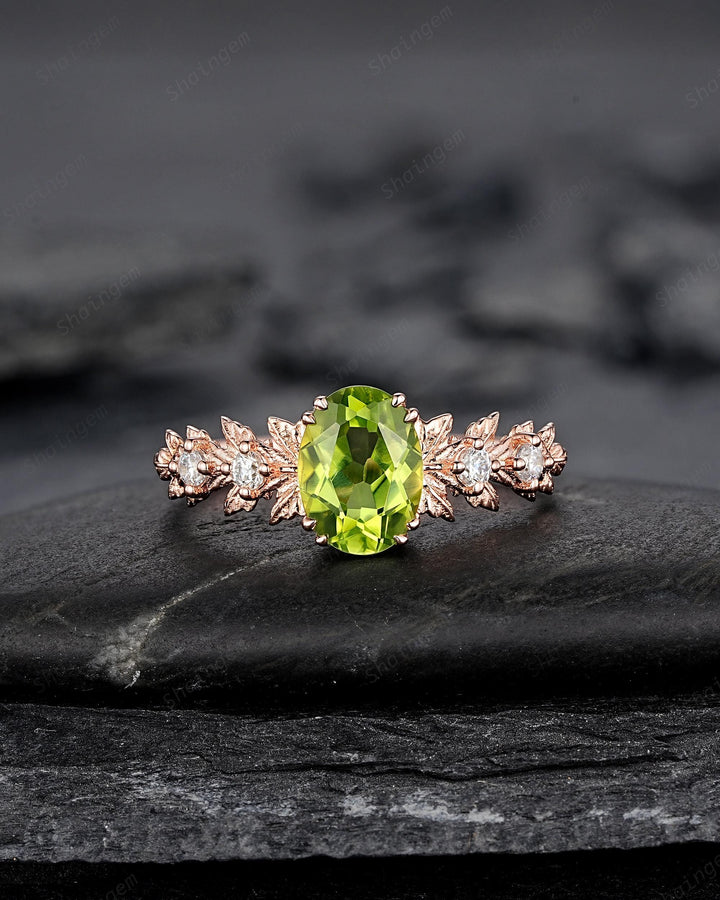 Oval Shape Peridot Maple Leaf Engagement Ring, Nature Inspired Promise Ring, Rose Gold or Silver Wedding Ring August Birthstone Ring Gift - ShainJewelry