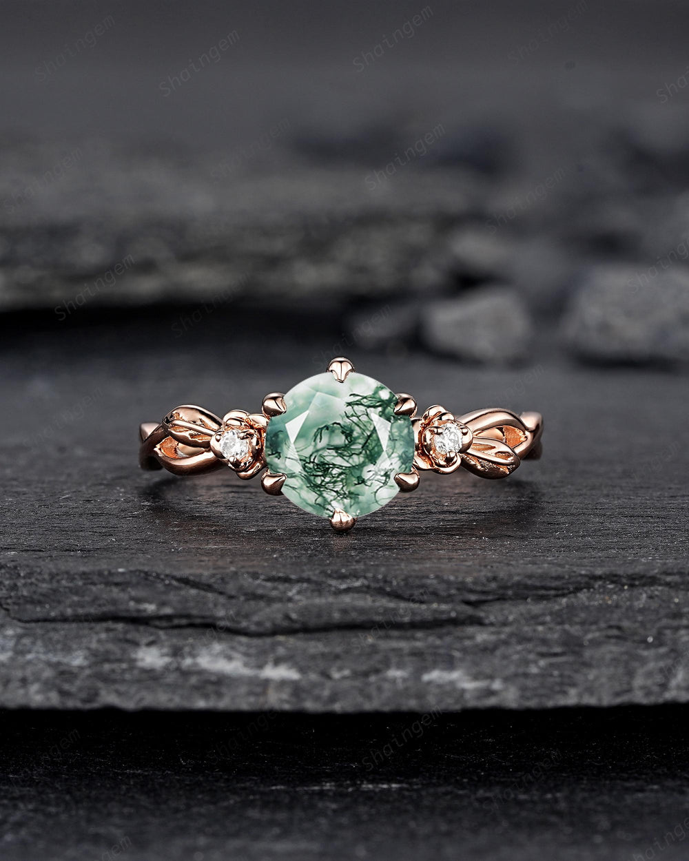 Unique Round Cut Moss Agate Leaf Engagement Ring, Vintage 14K Rose Gold Promise Wedding Ring, Silver 925 Floral Anniversary Ring for Women - ShainJewelry