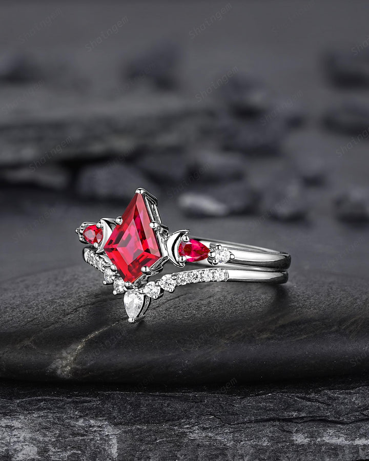 Platinum Kite Cut Ruby and Diamond Engagement Ring Set, Unique White Gold Crescent Promise Ring, Sterling Silver Wedding Ring Gift for Women - ShainJewelry