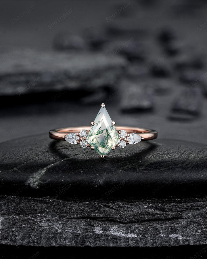 Vintage Kite Cut Moss Agate Engagement Ring Set, Rose Gold Moss Agate and Diamond Promise Ring, Silver Wedding Ring Bridal Set for Women - ShainJewelry