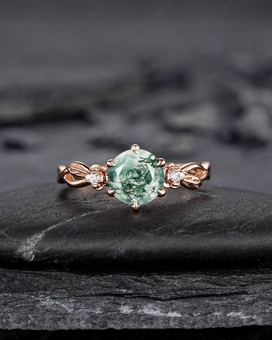 Unique Round Cut Moss Agate Leaf Engagement Ring, Vintage 14K Rose Gold Promise Wedding Ring, Silver 925 Floral Anniversary Ring for Women - ShainJewelry