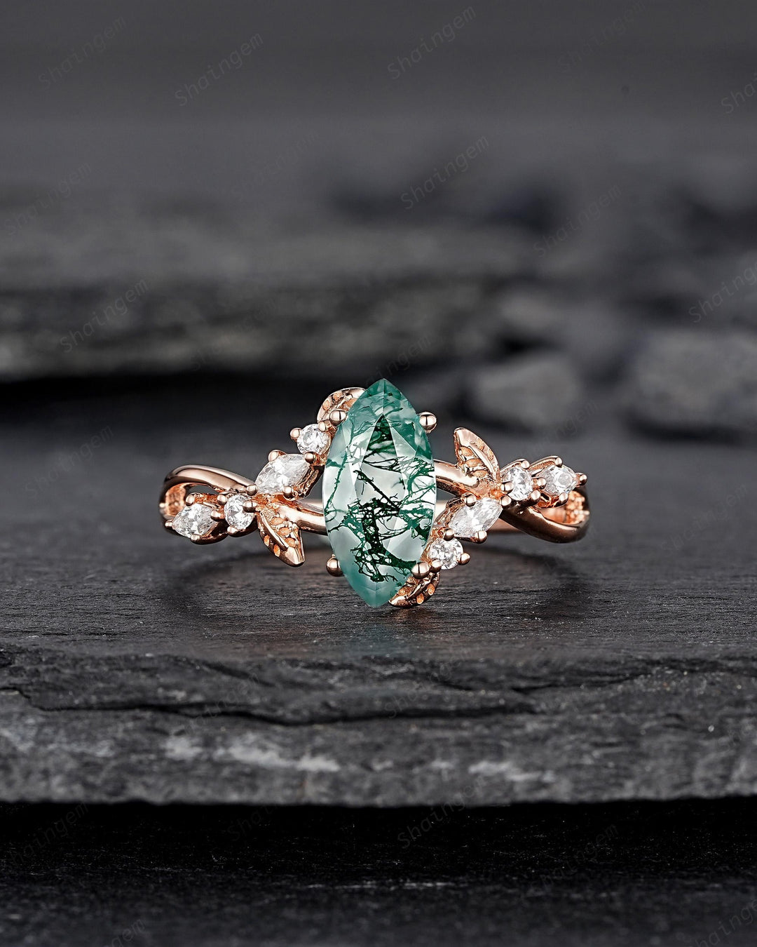 Unique Marquise Cut Moss Agate Engagement Ring, Nature Inspired Leaf Diamond Wedding Ring Vintage Rose Gold Twig Promise Ring Gift for Women - ShainJewelry