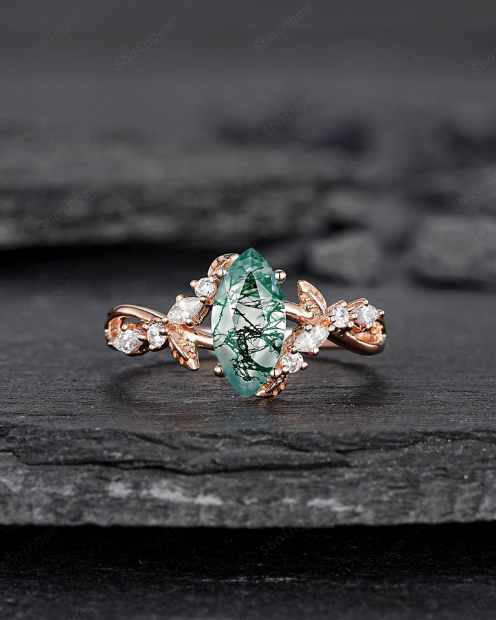 Unique Marquise Cut Moss Agate Engagement Ring, Nature Inspired Leaf Diamond Wedding Ring Vintage Rose Gold Twig Promise Ring Gift for Women - ShainJewelry