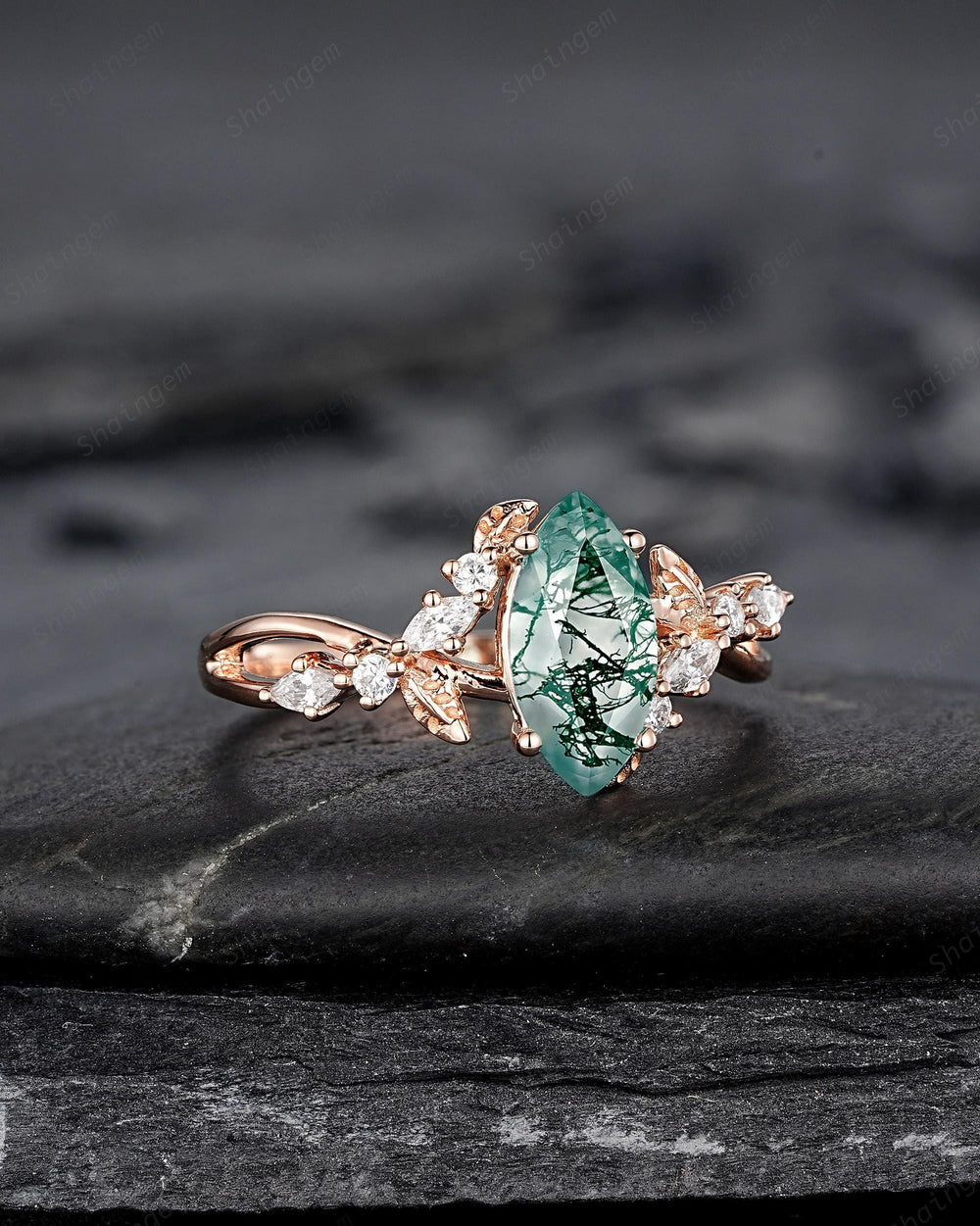 Unique Marquise Cut Moss Agate Engagement Ring, Nature Inspired Leaf Diamond Wedding Ring Vintage Rose Gold Twig Promise Ring Gift for Women - ShainJewelry