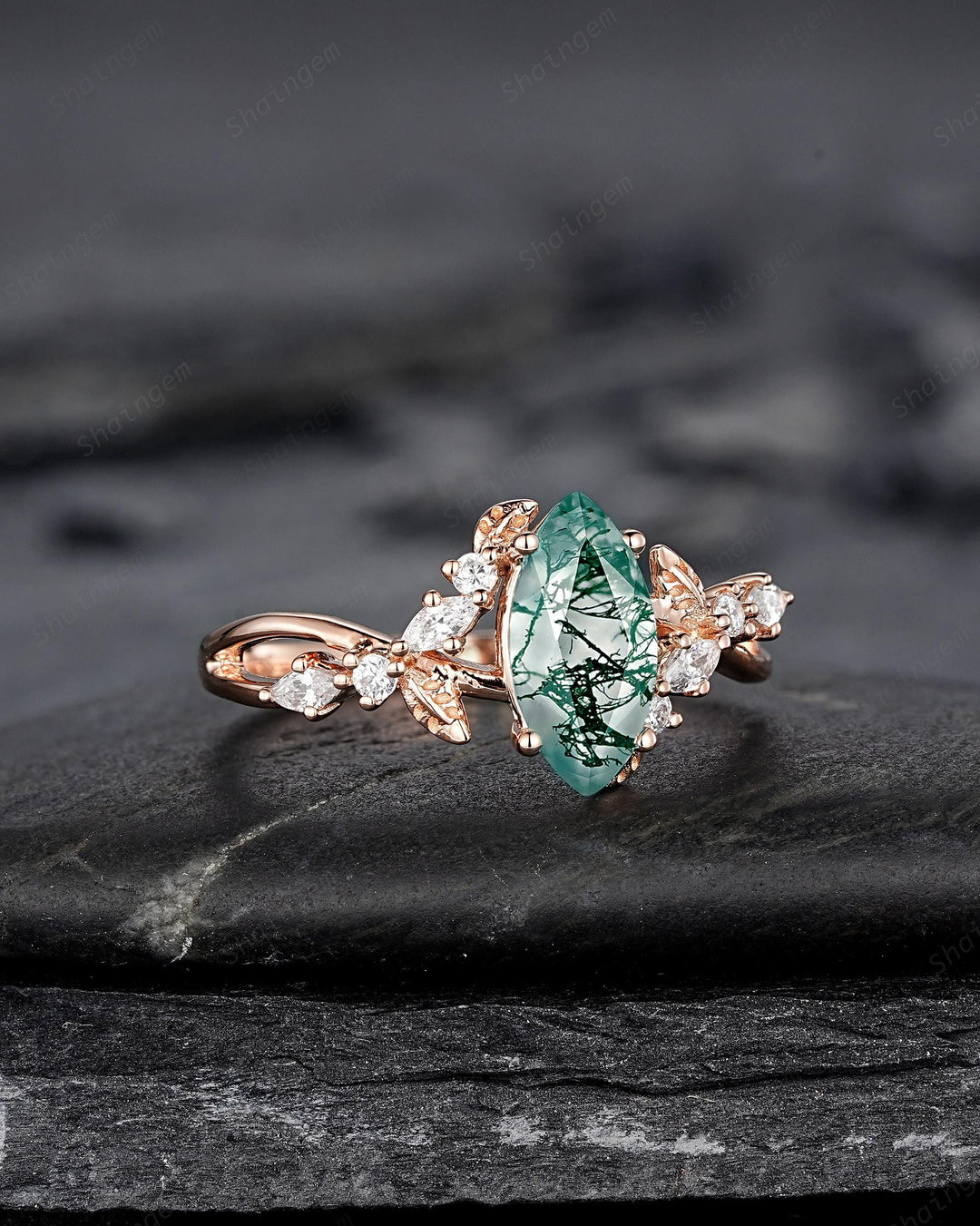 Unique Marquise Cut Moss Agate Engagement Ring, Nature Inspired Leaf Diamond Wedding Ring Vintage Rose Gold Twig Promise Ring Gift for Women - ShainJewelry