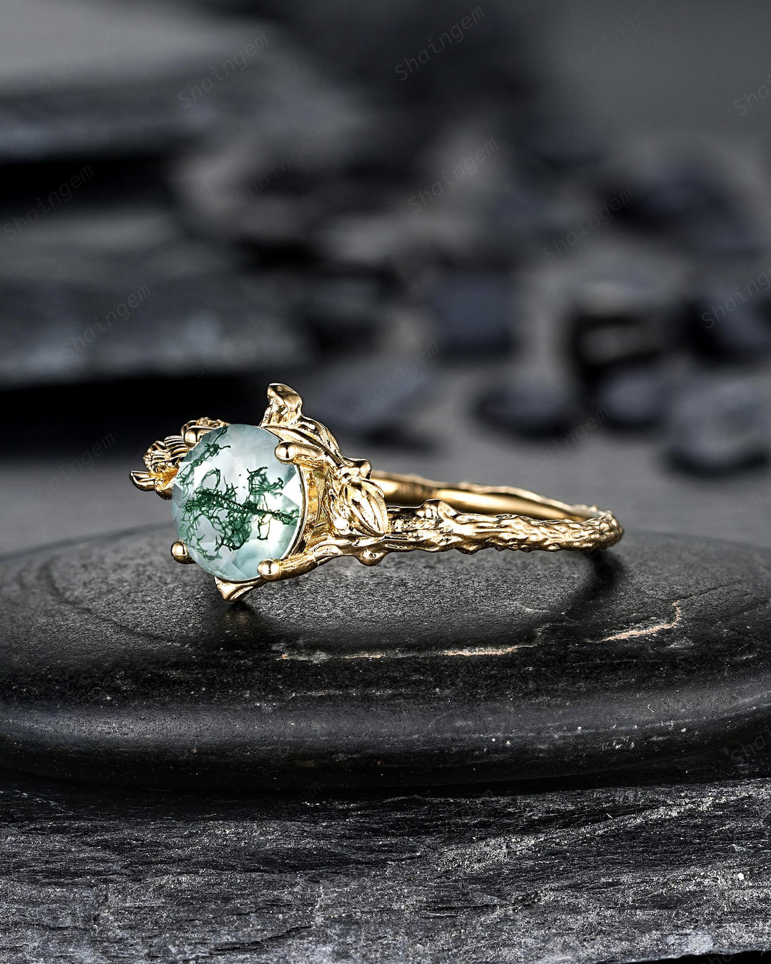 Yellow Gold Carnation January Flower Round Moss Agate Solitaire Engagement Ring Unique Nature Inspired Leaf Vine Promise Wedding Ring Gift - ShainJewelry