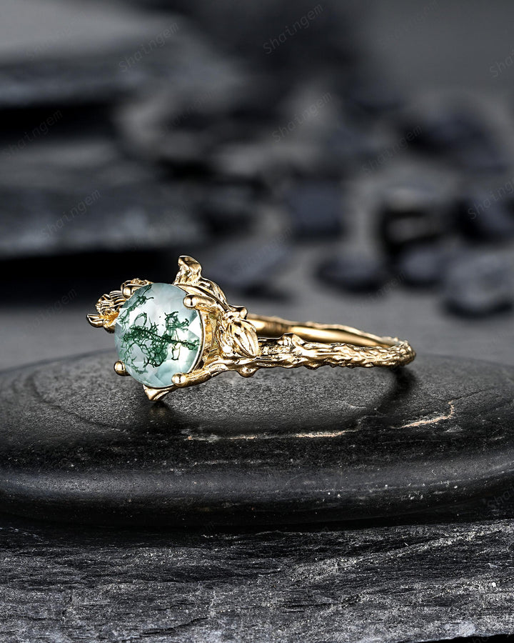 Yellow Gold Carnation January Flower Round Moss Agate Solitaire Engagement Ring Unique Nature Inspired Leaf Vine Promise Wedding Ring Gift - ShainJewelry